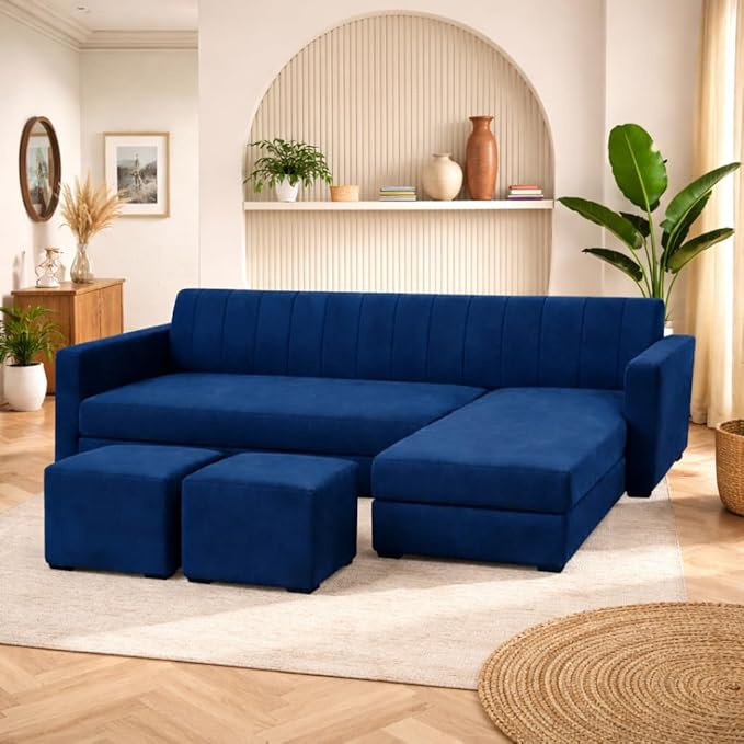 Avarion Luxe Velvet Suede Fabric 4 Seater RHS L Shape Sofa Set